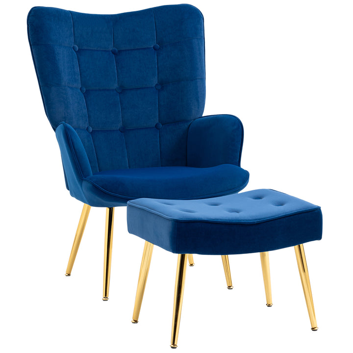 HOMCOM Upholstered Armchair w/ Footstool Set, Modern Button Tufted Accent Chair w/ Gold Tone Steel Legs, Wingback Chair, Dark Blue | Aosom UK