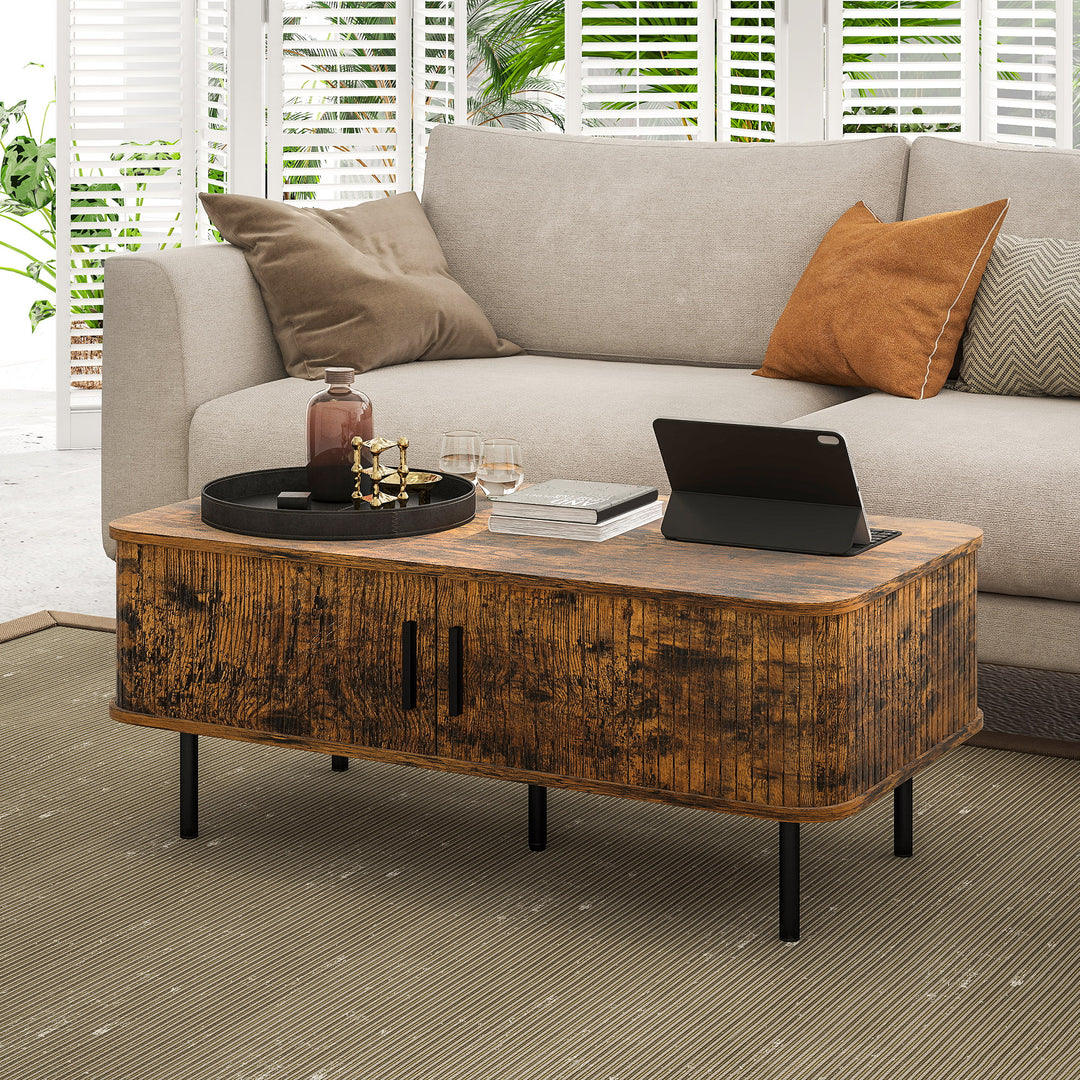 Coffee Table with Storage, Living Room Table with Slatted Tambour Sliding Doors and Foot Pads, Rectangular Coffee Table with Elevated Base for Living Room, Rustic Brown