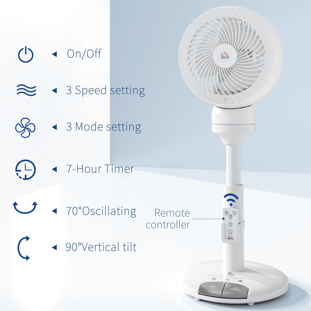 9'' Air Circulator Fan 3 Speed 3 Mode, 70° Oscillation 90° Vertical Tilt, Remote Controller, for Living Room, Bedroom, Office, White