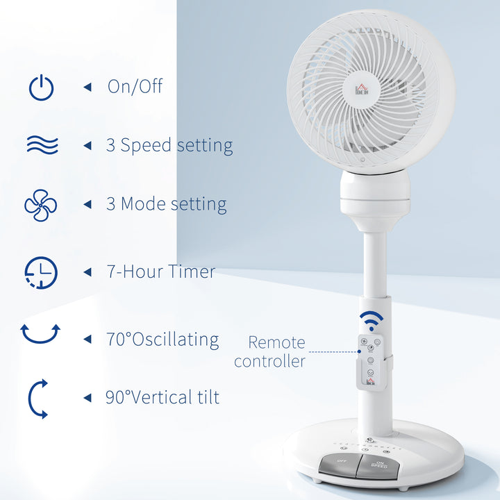 9'' Air Circulator Fan 3 Speed 3 Mode, 70° Oscillation 90° Vertical Tilt, Remote Controller, for Living Room, Bedroom, Office, White