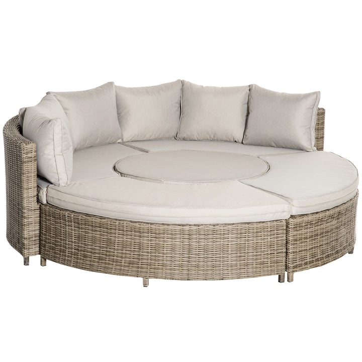 MCL 5 Pieces Outdoor PE Rattan Round Garden Daybed with Cushions, Aluminium Patio Furniture Set Lounge Chair Conversation Sofa Set with Liftable Coffee Table and Protect Cover, Grey