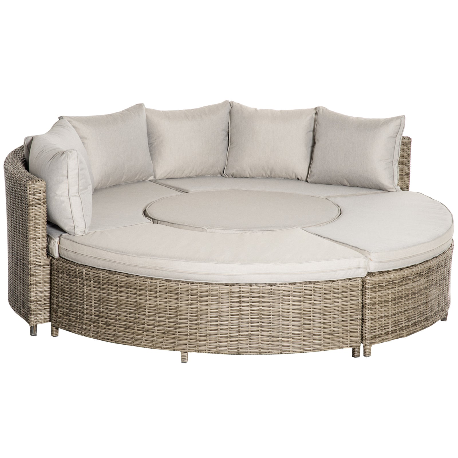 5 Pieces Outdoor PE Rattan Round Garden Daybed with Cushions, Aluminium Patio Furniture Set Lounge Chair Conversation Sofa Set with Liftable Coffee Table and Protect Cover, Grey