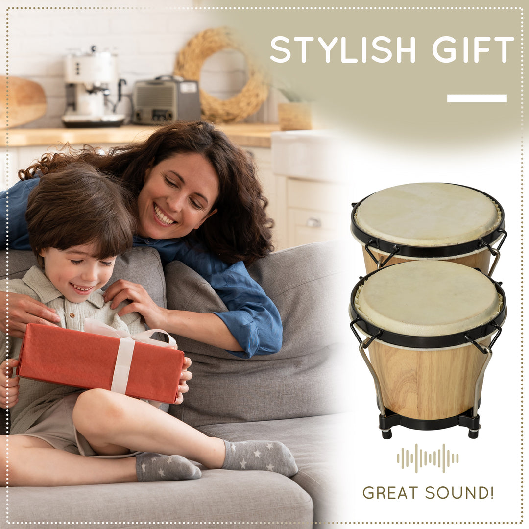 HOMCOM Wooden Bongo Drum Set w/ Sheepskin Drum Head, Percussion Instrument, Φ7.75" & Φ7" Drums, for Kids Adults, w/ Tuning Wrench | Aosom UK