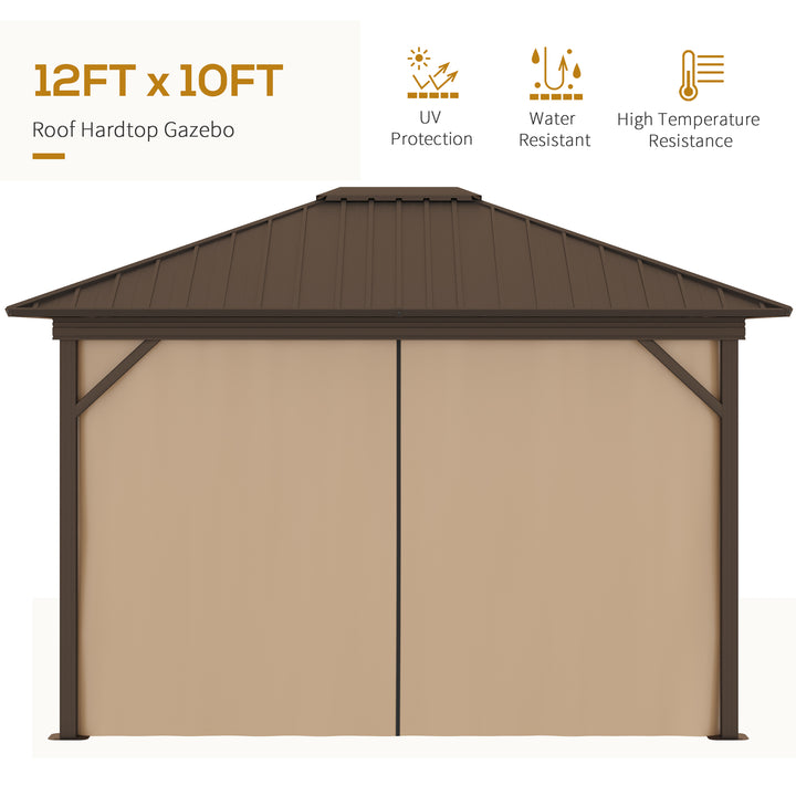 Outsunny 3.6 x 3(m) Outdoor Hardtop Gazebo Metal Roof Patio Gazebo with Aluminum Frame, Mesh Nettings, Curtains, & Roomy Interior Space, Brown