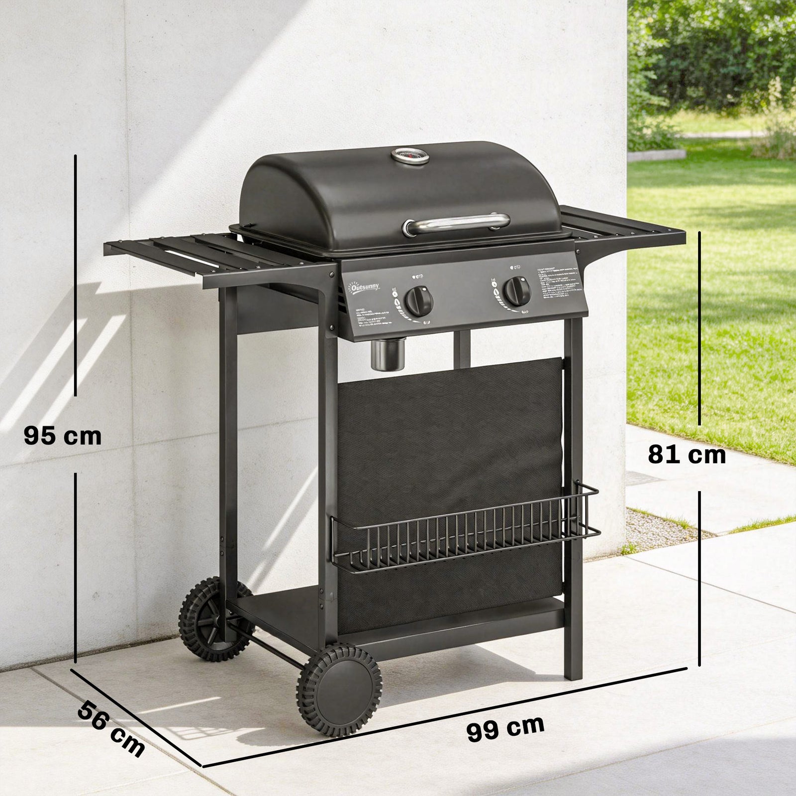 Gas Burner Barbecue Grill, 2 Burner Gas Grill with Side Tables, Warmin