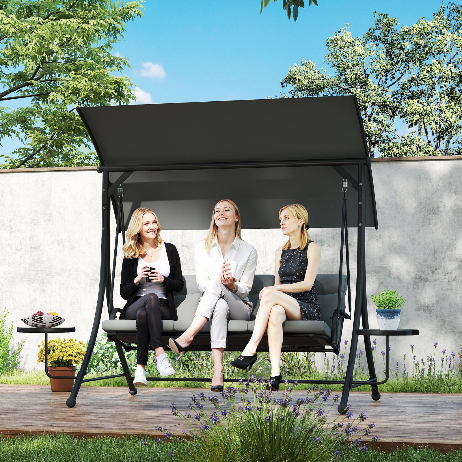 Three-Seater Garden Swing, with Adjustable Canopy - Black/Grey