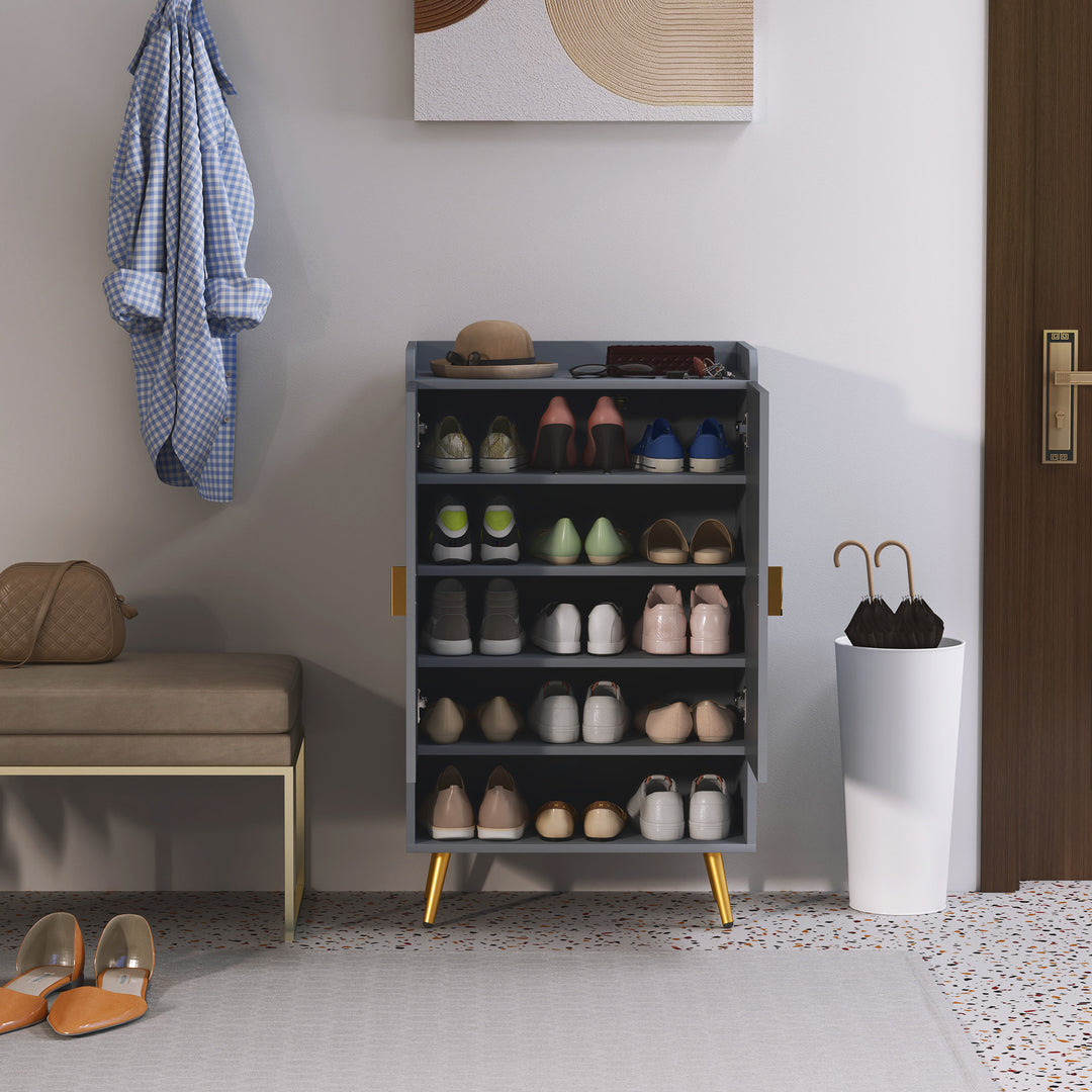Modern Shoe Cabinet with 2 Doors, Open Shelf and Adjustable Shelves, 15 Pair Hallway Shoe Cupboard, Entryway Storage Unit, Light Grey