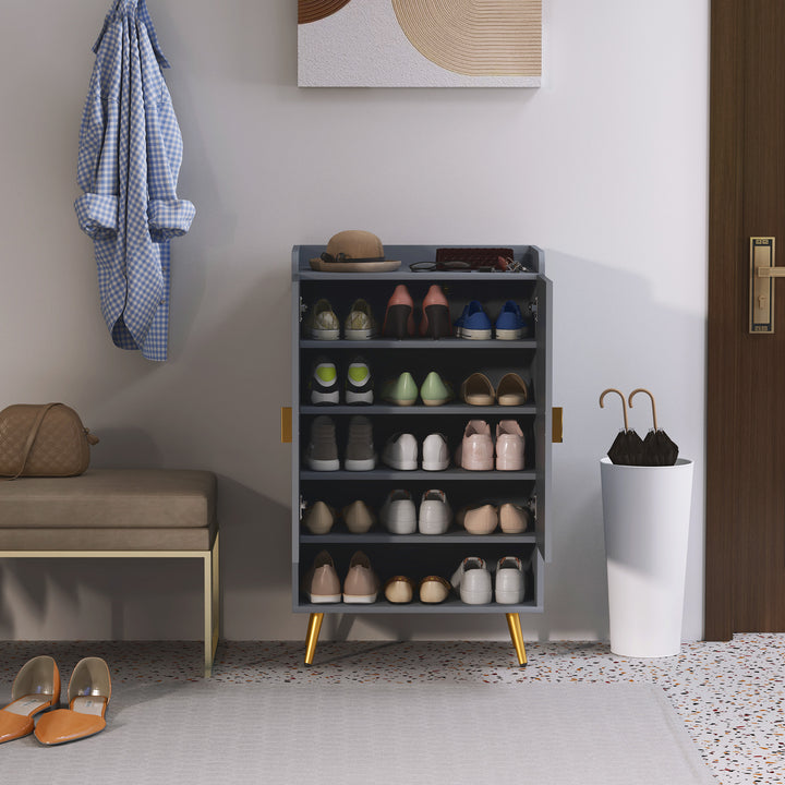 Modern Shoe Cabinet with 2 Doors, Open Shelf and Adjustable Shelves, 15 Pair Hallway Shoe Cupboard, Entryway Storage Unit, Light Grey