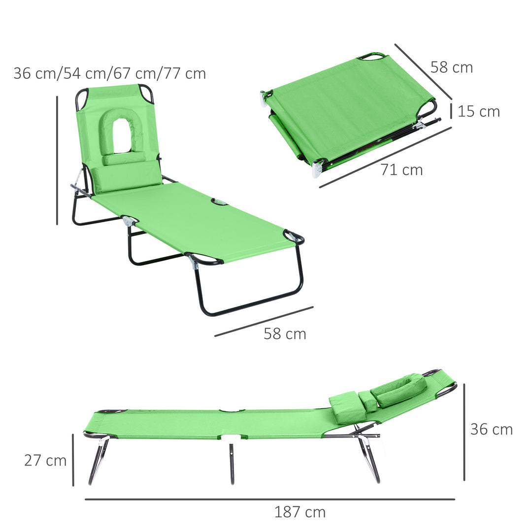Outdoor Folding Sun Lounger with Face Hole, 4 Level Adjustable Backrest Reclining Garden Lounger, Garden Recliner Sunbed with 600 D Oxford Cloth Seat and Pillow for Beach, Green