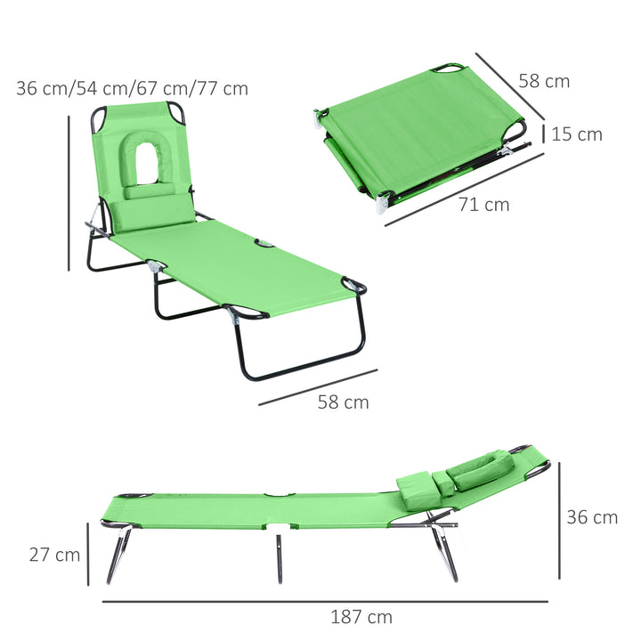 Outdoor Folding Sun Lounger with Face Hole, 4 Level Adjustable Backrest Reclining Garden Lounger, Garden Recliner Sunbed with 600 D Oxford Cloth Seat and Pillow for Beach, Green