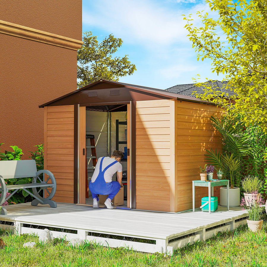9 x 6ft Galvanised Steel Shed - Brown Wood-Effect