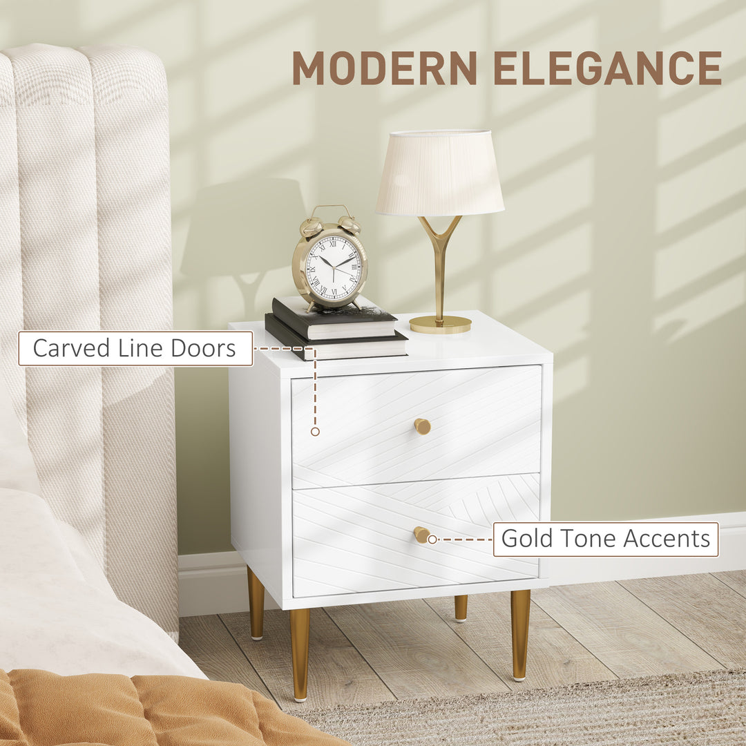Elegant Two-Drawer Bedside Table - White/Gold-Tone