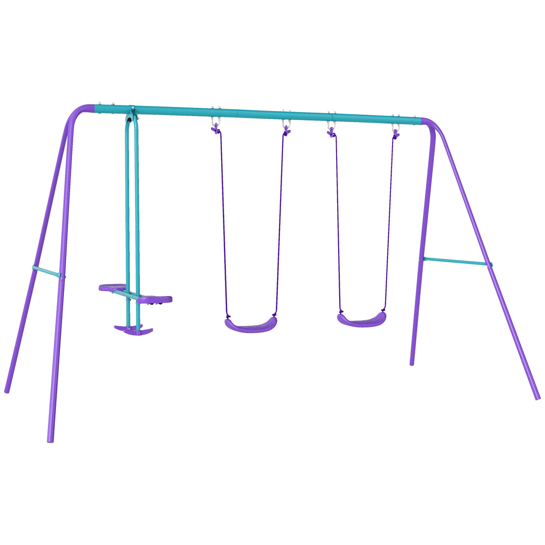 Metal Swing Set, with Seesaw, Adjustable Height, for Ages 3+ Years, Purple