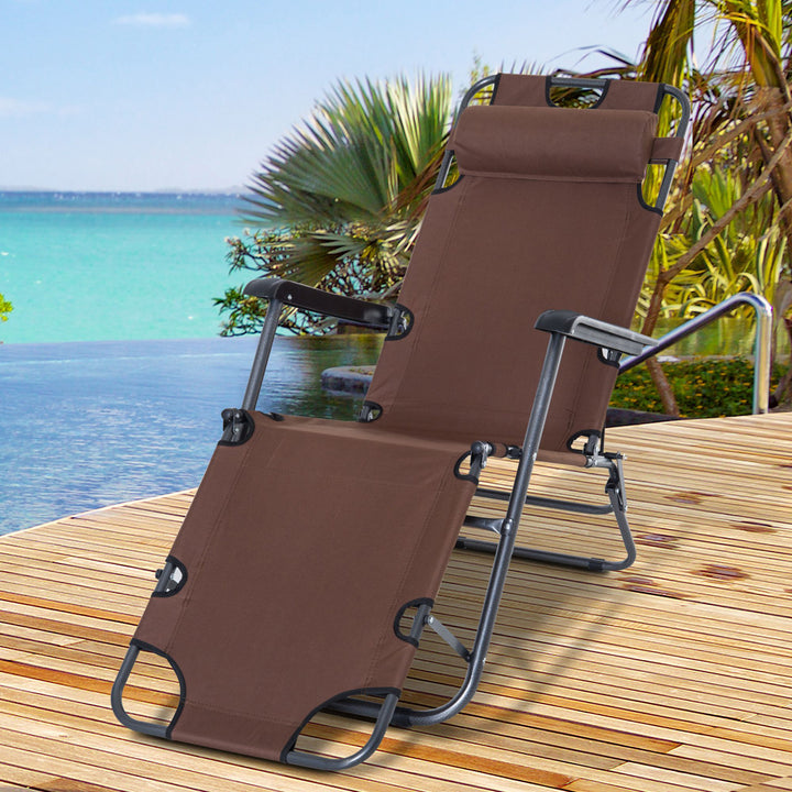 2 in 1 Folding Sun Lounger Reclining Garden Chair with 2-Level Adjustable Backrest, Outdoor Zero Gravity Recliner Garden Chair with Head Pillow and Armrests, Brown