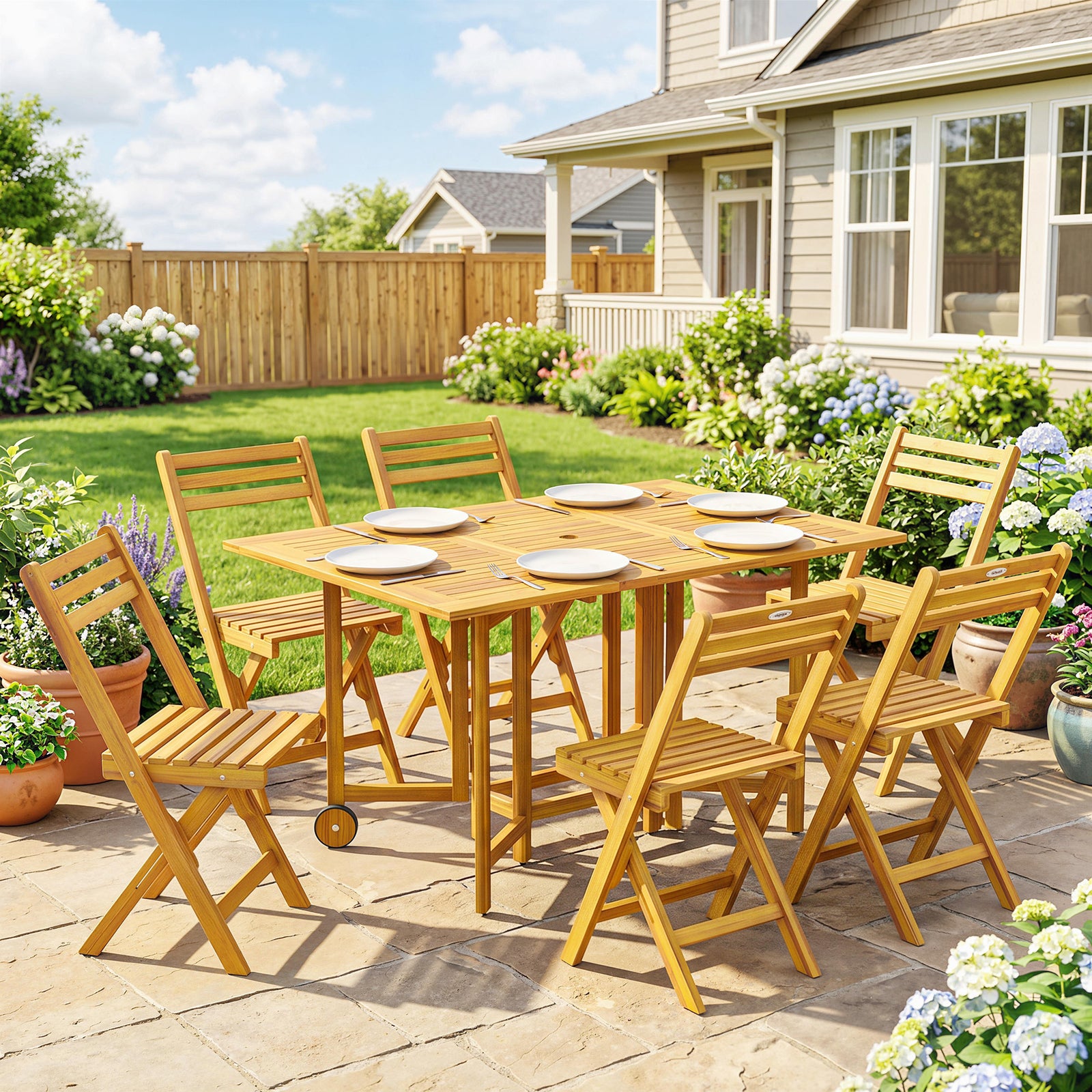 7 Pieces Garden Dining Set, Extending Dining Table and 6 Folding Chair
