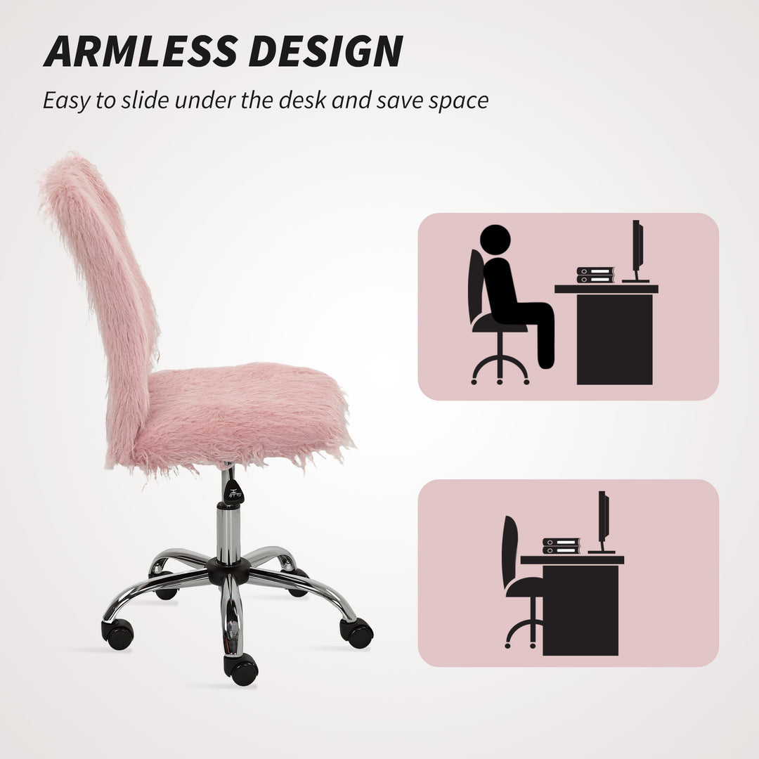 Plush Office Desk Chair, Modern Armless Swivel Vanity Chair with Adjustable Height for Home Office, Bedroom, Living Room, Pink