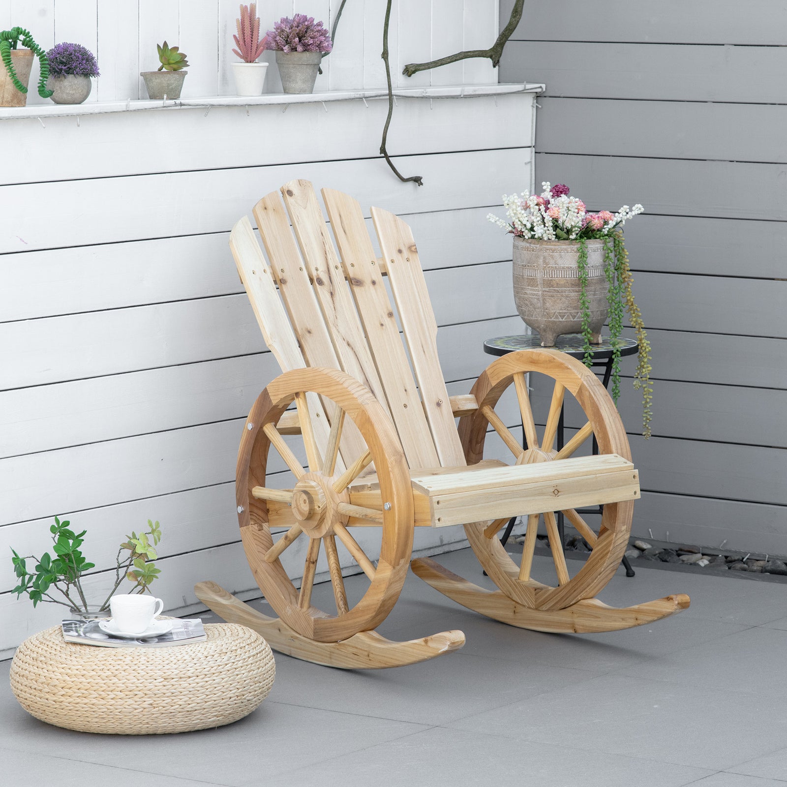 2 Piece Wooden Adirondack Rocking Chair Reclining Armchair Outdoor Garden Furniture Patio Porch Rocker - Natural