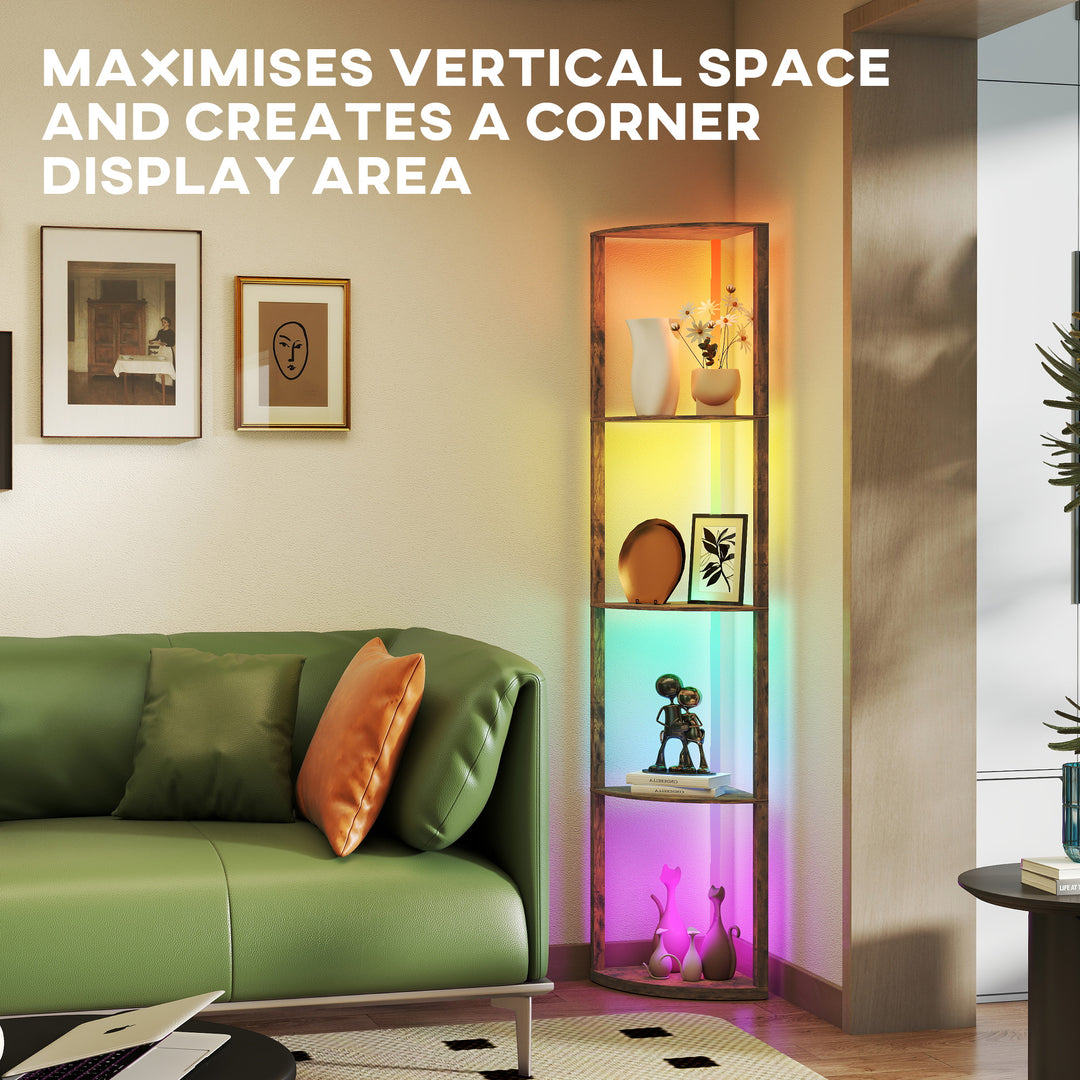 RGB LED Floor Lamp with Shelves, 5-Tier Dimmable Standing Lamp with Adjustable Brightness and Remote Control, Modern Corner Display Shelf Unit for Living Room Bedroom Office, Rustic Brown