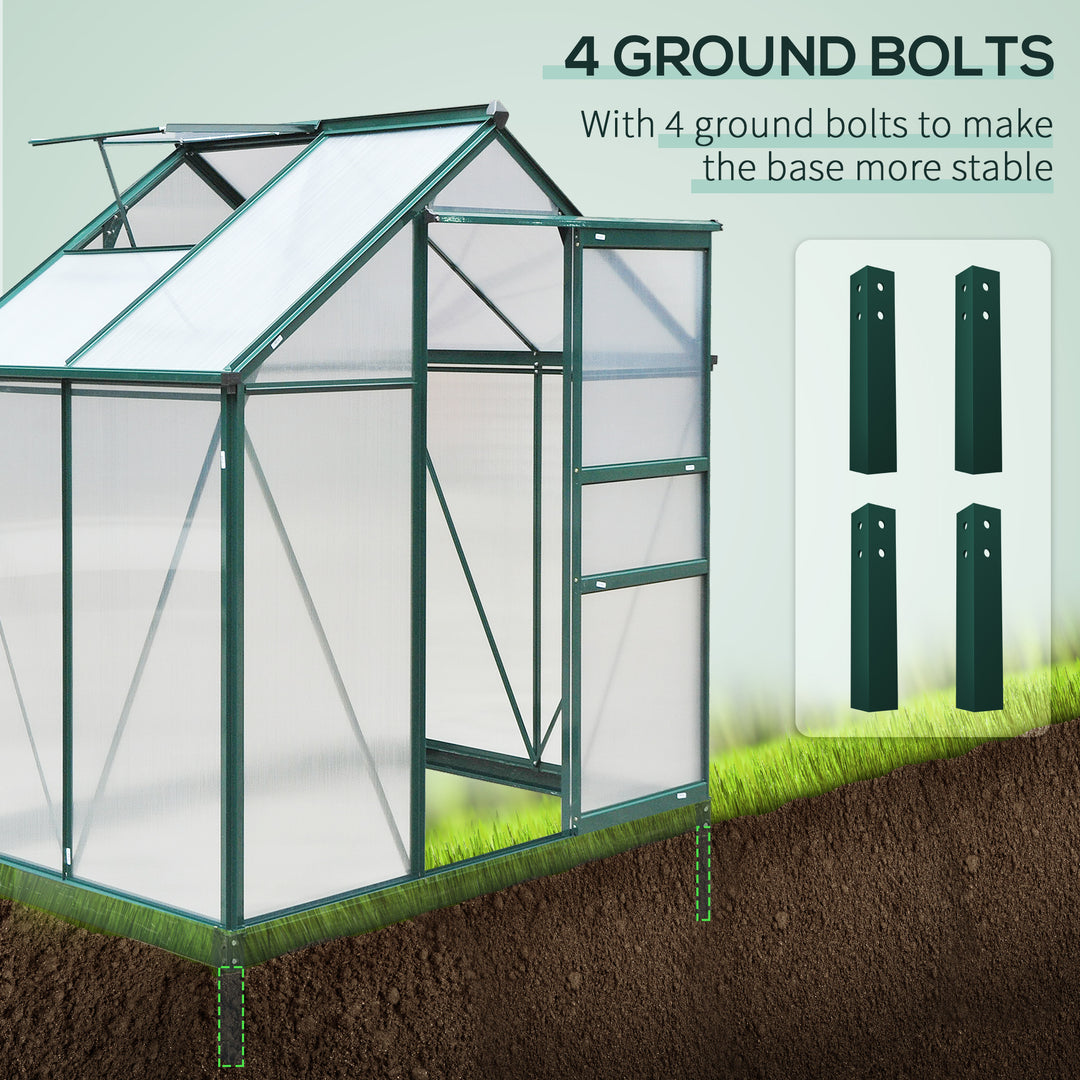 6 x 4ft Polycarbonate Greenhouse, Large Walk-In Green House with Slide Door and Window, Garden Plants Grow House with Aluminium Frame and Foundation, Dark Green