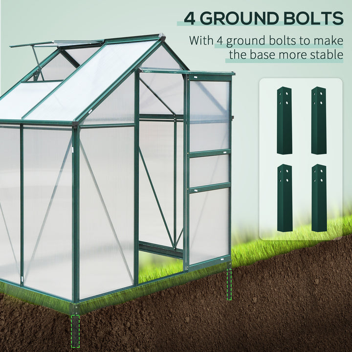 6 x 4ft Polycarbonate Greenhouse, Large Walk-In Green House with Slide Door and Window, Garden Plants Grow House with Aluminium Frame and Foundation, Dark Green