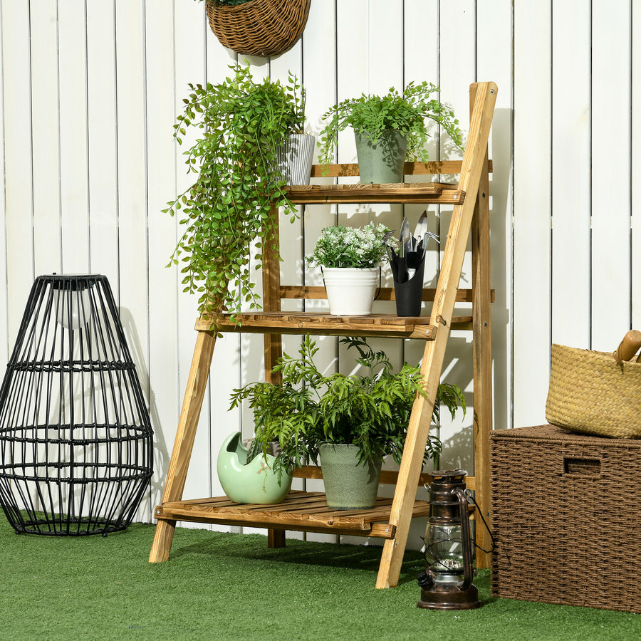 Wooden Folding Flower Pot Stand 3 Tier Garden Planter Display Ladder Gardener Storage Shelves Rack Herb Holder (60L x 37W x 93H cm)