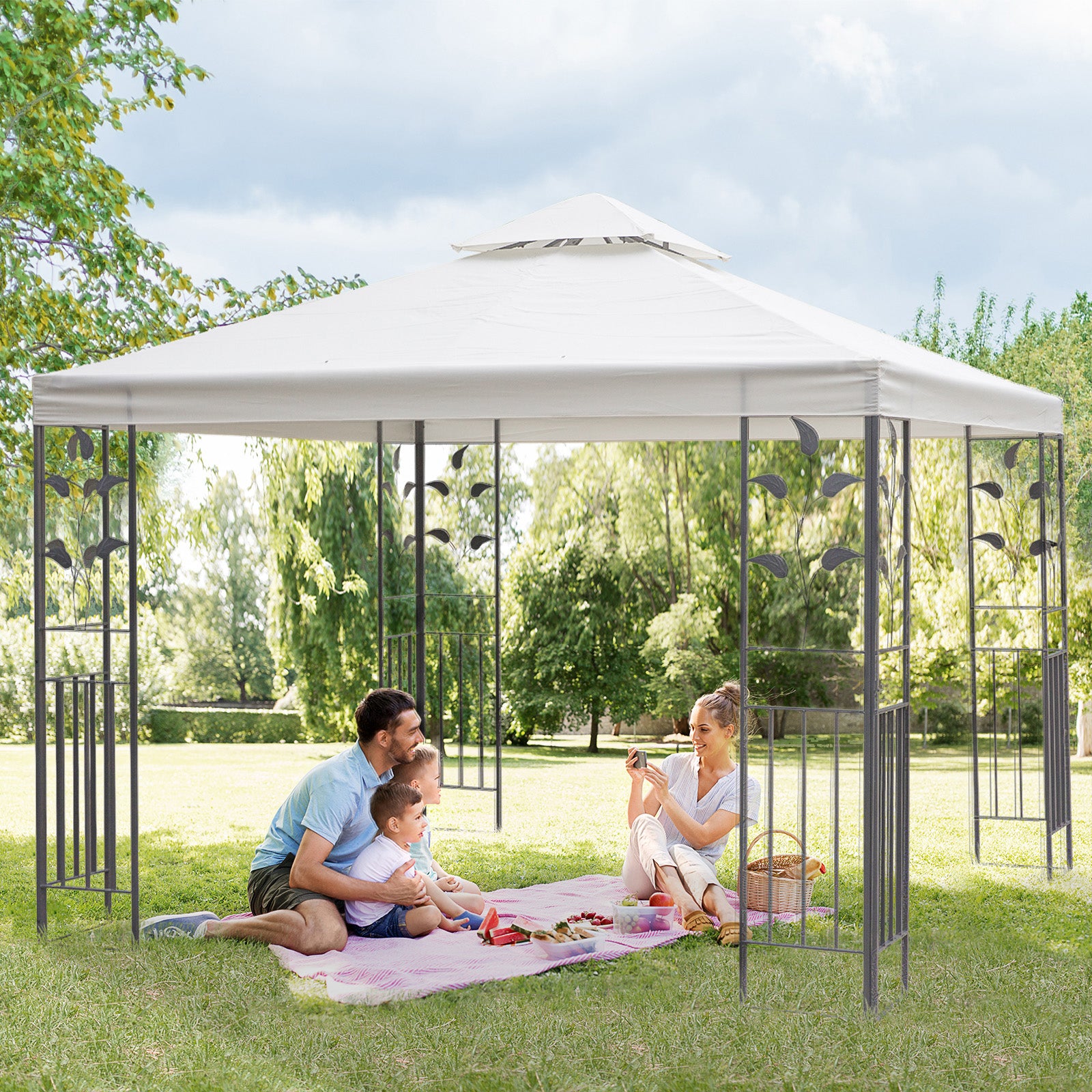 3 x 3m Outdoor Steel Gazebo with 2 Tier Roof, Garden Gazebo Patio Canopy Marquee Shelter with Decorative Steel Frame - Cream