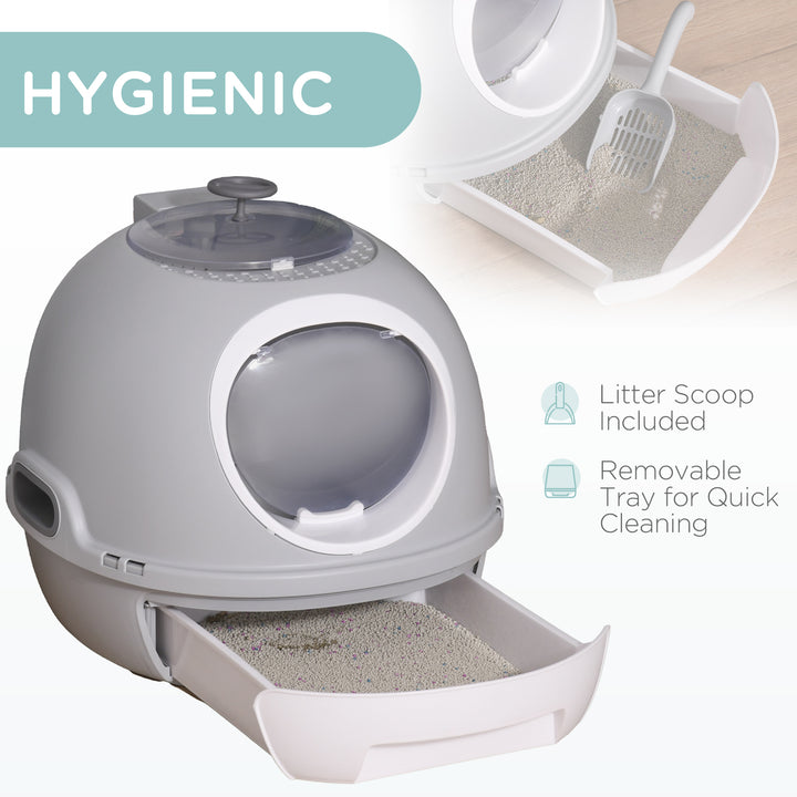 Cat Litter Box Toilet with Litter Scoop Enclosed Drawer, Front Entry Top Exit, Easy To Clean Grey