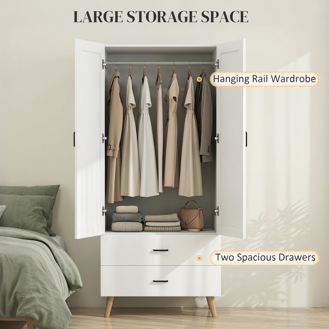 2-Door Wardrobe, Modern Wardrobe with 2 Drawers and Hanging Rail for B