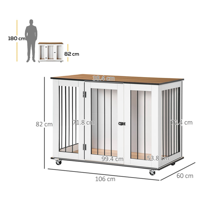Dog Crate Furniture, Dog Cage End Table, with Wheels, for Large Dogs, 106 x 60 x 82 cm - White