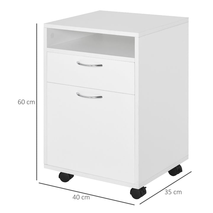 60cm Filing Cabinet with Drawer, Open Shelf, Metal Handles and 4 Wheels, Office Home Organiser Mobile Printer, White