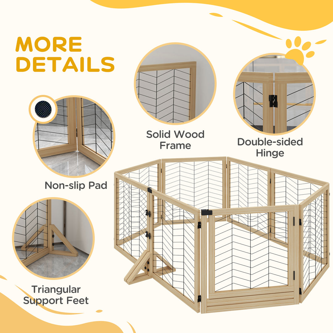 8 Panels Foldable Pet Gate with Support Feet, for House, Doorway, Stairs, Small and Medium Dogs - Natural Wood