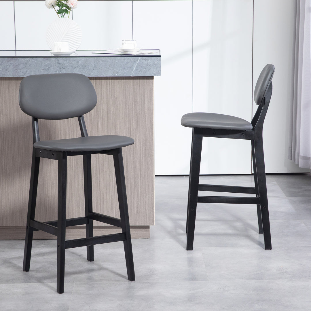 HOMCOM Bar Stools Set of 2, Modern Breakfast Bar Chairs, Faux Leather Upholstered Counter Bar Stools with Backs and Wood Legs, Dark Grey | Aosom UK