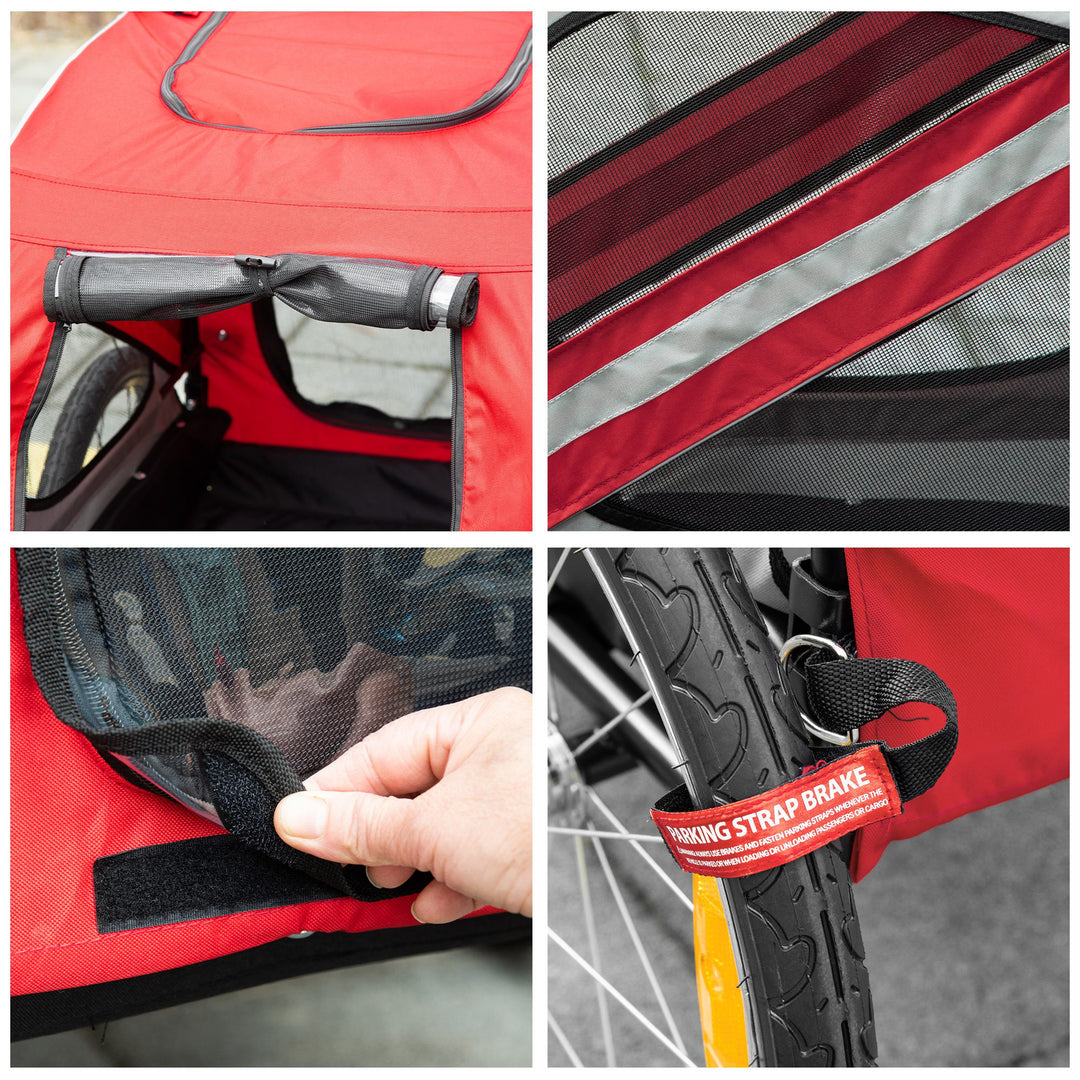 2-In-1 Dog Bike Trailer Pet Stroller with Universal Wheel Reflector Flag Red
