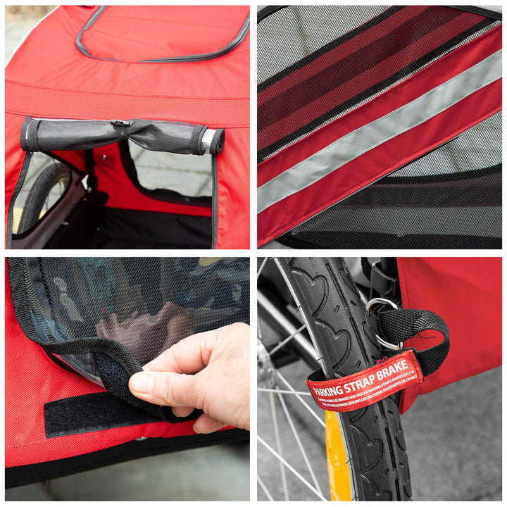 2-In-1 Dog Bike Trailer Pet Stroller with Universal Wheel Reflector Flag Red