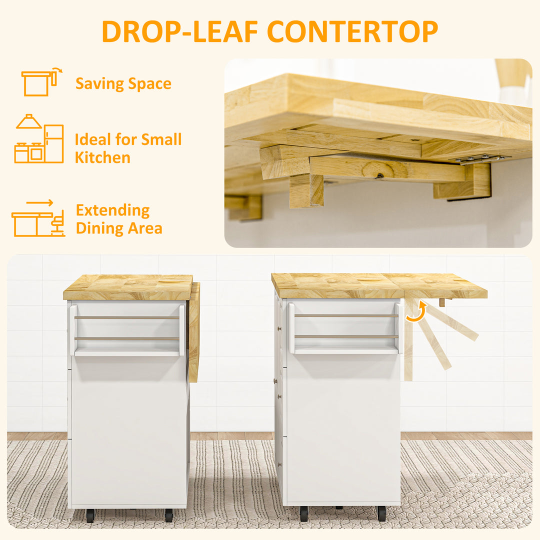 Drop-Leaf Kitchen Island on Wheels with Extendable Rubber Wood Worktop, Rolling Kitchen Storage Trolley, Utility Storage Cart with Drawers & Cabinet for Kitchen, Dining & Living Room, White