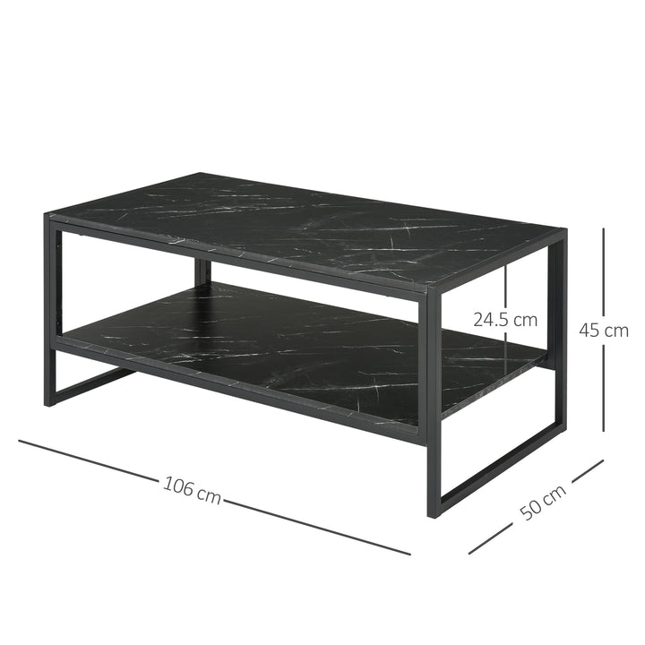 HOMCOM Elegant Two-Tier Coffee Table: Laminate Marble Print Top, Metal Frame, Foot Pads, 2 Shelves, Black | Aosom UK