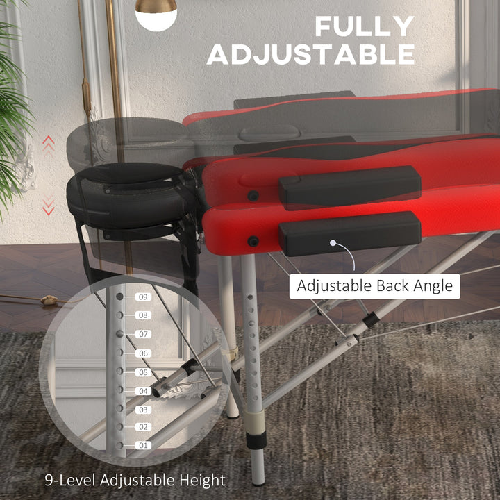 Foldable Massage Bed Portable Table, 3-Section Aluminium Foldable Beauty Couch, Professional Salon Spa Table with Headrest Support and Carry Bag, 60 cm Width, Black and Red