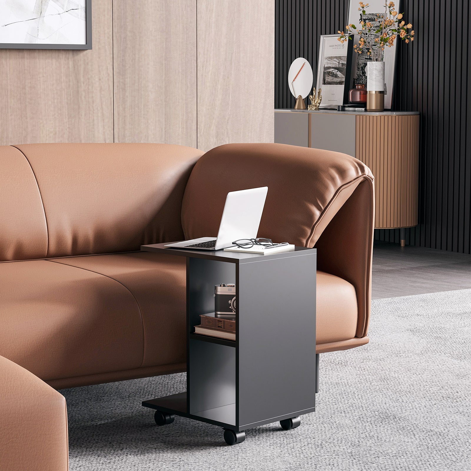 C-Shape End Table Unique Storage Unit w/ 2 Shelves 4 Wheels Freestanding Home Furniture Cabinet Square Black