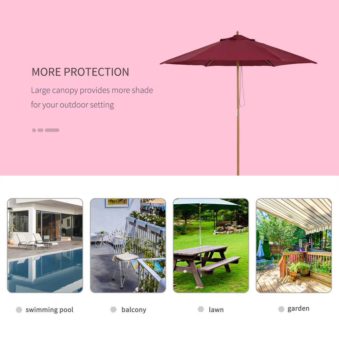 2.5m Wood Garden Parasol Sun Shade Patio Outdoor Wooden Umbrella Canopy Wine Red