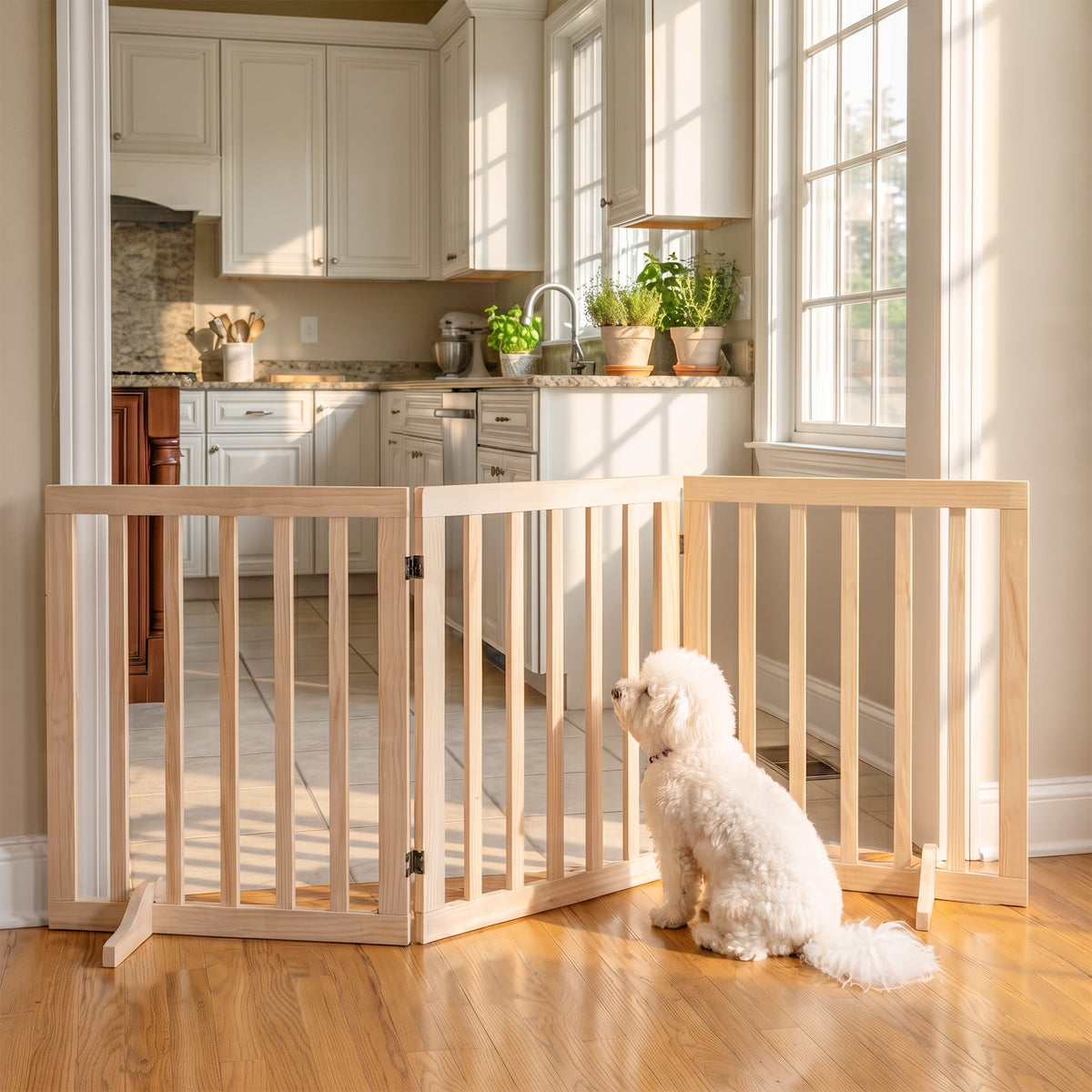 Wooden Dog Gate, 3-Panel Freestanding Pet Gates Indoor with 2 Support - view 2