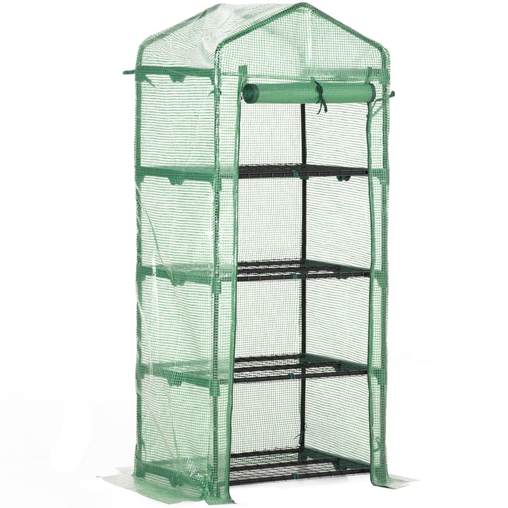 Outsunny Mini Greenhouse 4 Tier, Portable with Steel Frame, PE Cover, Roll-up Door, 70 x 50 x 160 cm, Green | Aosom UK