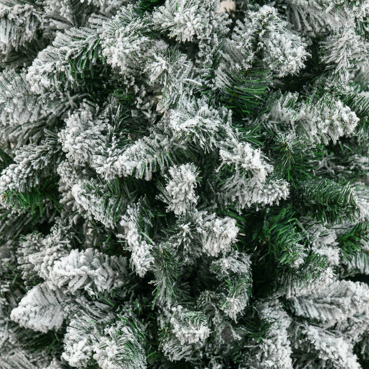 6 Ft Snow Flocked Artificial Christmas Tree, Xmas Pencil Tree with Realistic Branches, Auto Open, Pinewood Base, Green