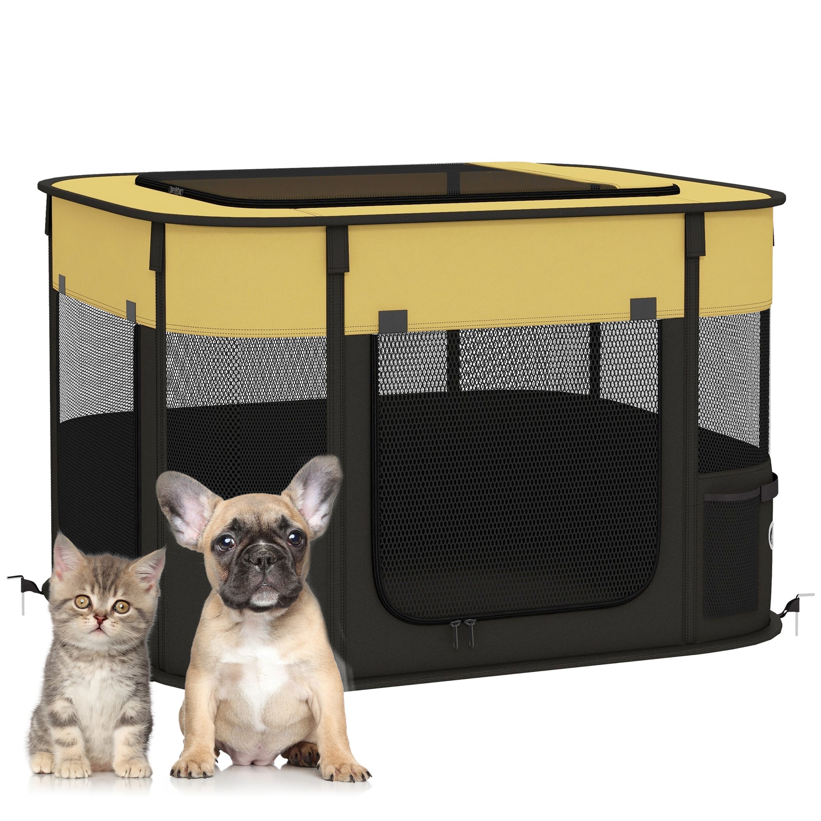 Foldable Dog Pen with Storage Bag for Indoor/Outdoor Use, Portable Pet playpen, with Ground Stakes - Yellow