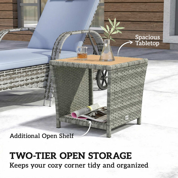 Side Table 2-Tier Outdoor Coffee Table with Storage Shelf PS Wood Slat