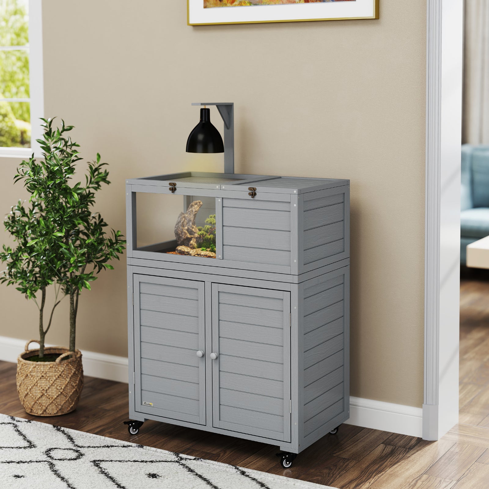 Wooden Tortoise House with Storage Cabinet, Openable Top, Lamp Holder, Windows, Light Grey