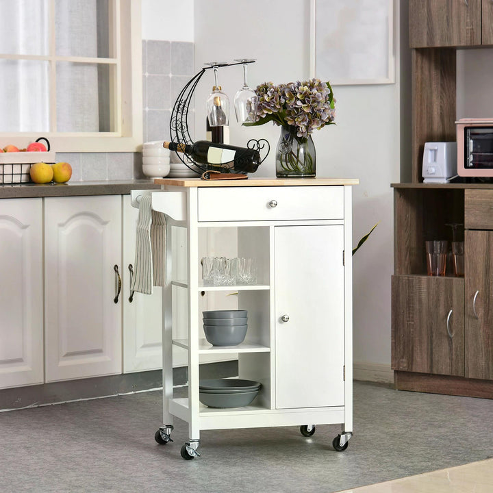 HOMCOM Kitchen Storage Trolley Unit w/ Wood Top 3 Shelves Cupboard Drawer Rail 4 Wheels Handles Moving Shelf Handy Spacesaver White | Aosom UK