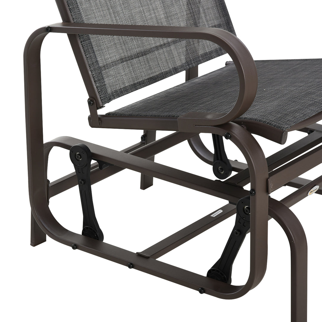 3 Pieces Garden Gliding Chair Set, Metal Frame 2 Single Armchair Swing Seater and 1 Glass Top Coffee Table w/ Breath Mesh Fabric Seat, Brown