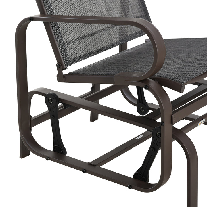 3 Pieces Garden Gliding Chair Set, Metal Frame 2 Single Armchair Swing Seater and 1 Glass Top Coffee Table w/ Breath Mesh Fabric Seat, Brown
