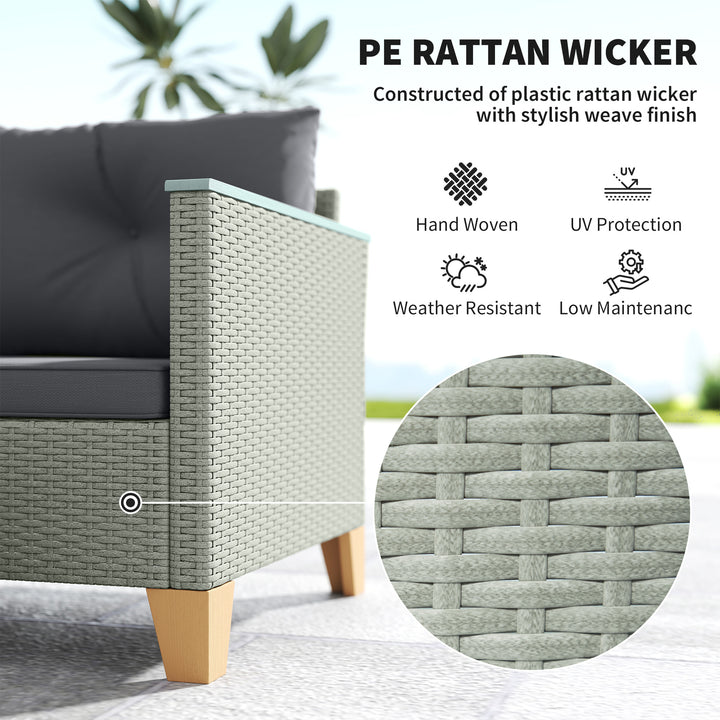 3 Pieces Rattan Garden Furniture Set, L Shaped Garden Conversation Chaise Lounge Furniture with Wood Top Coffee Table and Thick Cushions, Charcoal Grey