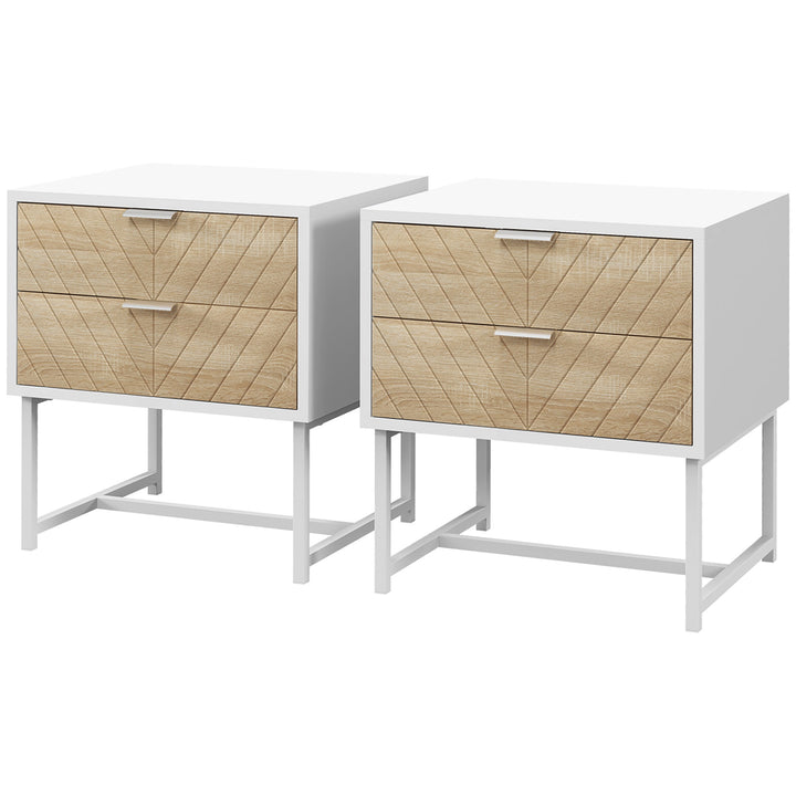 HOMCOM Modern Bedside Tables: Set of 2 with Drawers & Metal Frame, Sofa Side Tables, White and Oak | Aosom UK